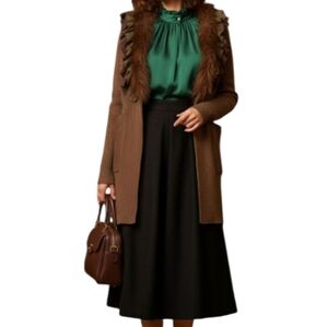 Lisa International Ribbed Knit Faux Fur Trim Cardigan Sweater Size PM